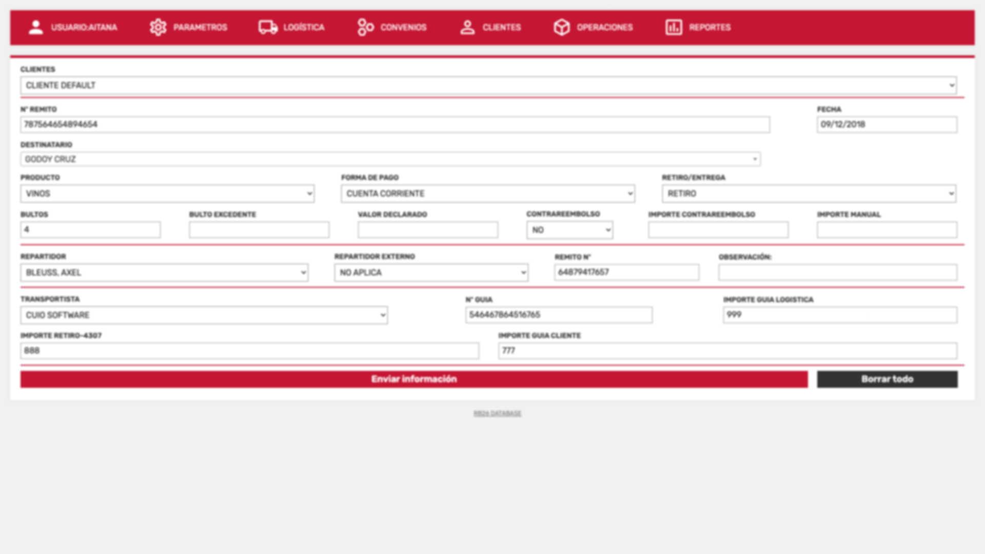 Formulario de carga de remitos del backoffice RB26, con campos de cliente, destinatario, producto, forma de pago, repartidor y transportista, y el botón "Enviar información"