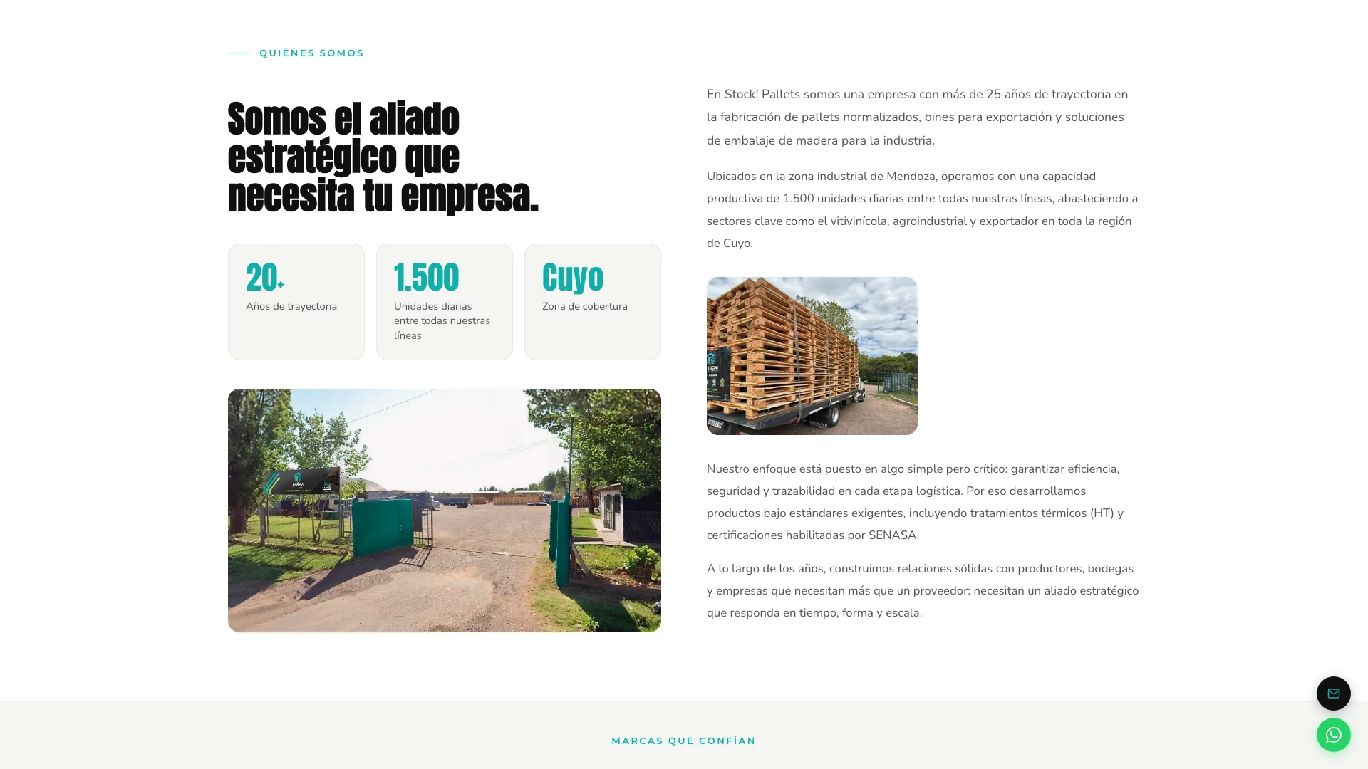 Sección Quiénes somos de Stock Pallets: el titular "Somos el aliado estratégico que necesita tu empresa." con sus cifras, una foto de la planta y otra de pallets cargados en un camión